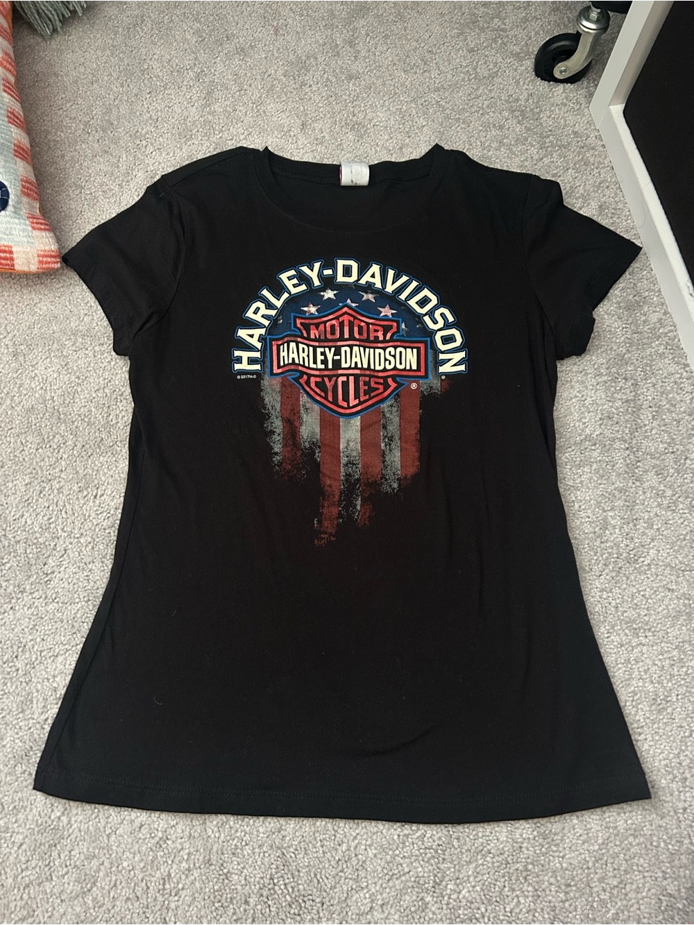 Harley-Davidson Black Tee with Red and Blue Shield and White Arch Logo